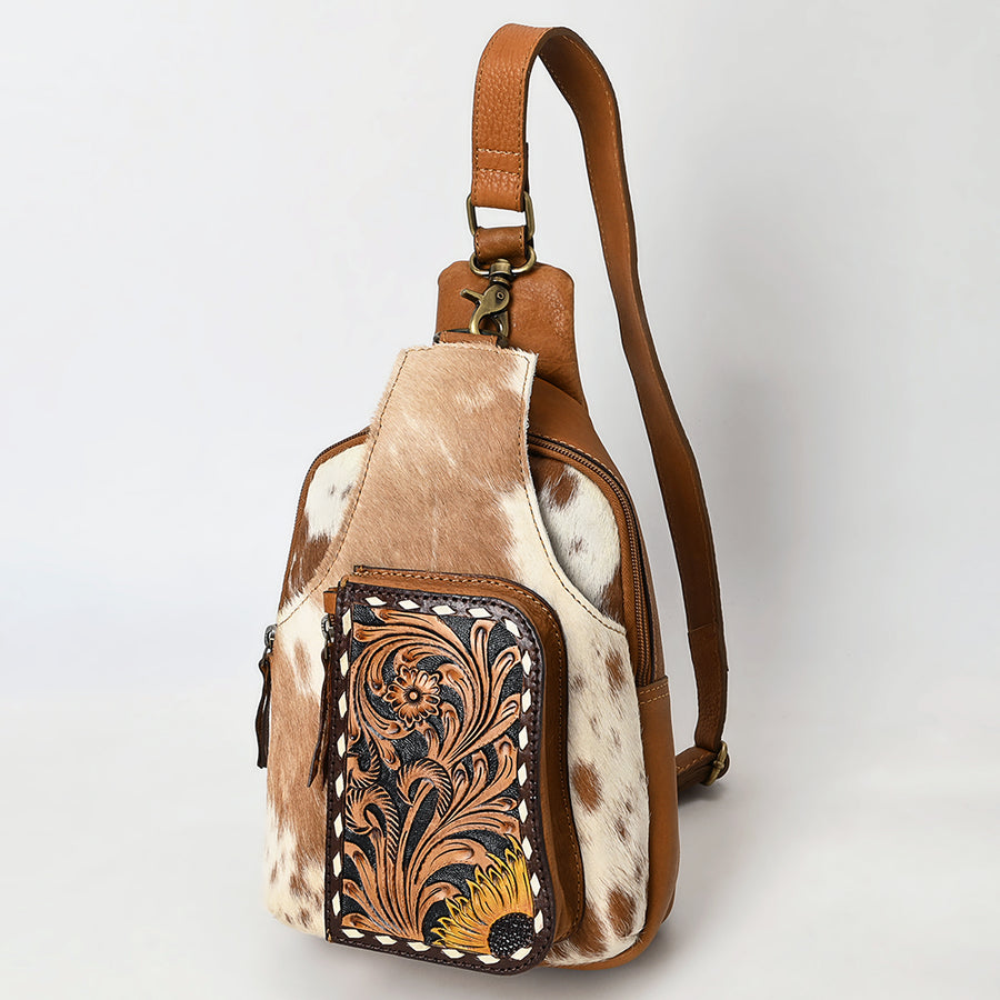 American Darling Buck Stitched Floral Carved Hair-On Leather Sling Bag - Uhorse