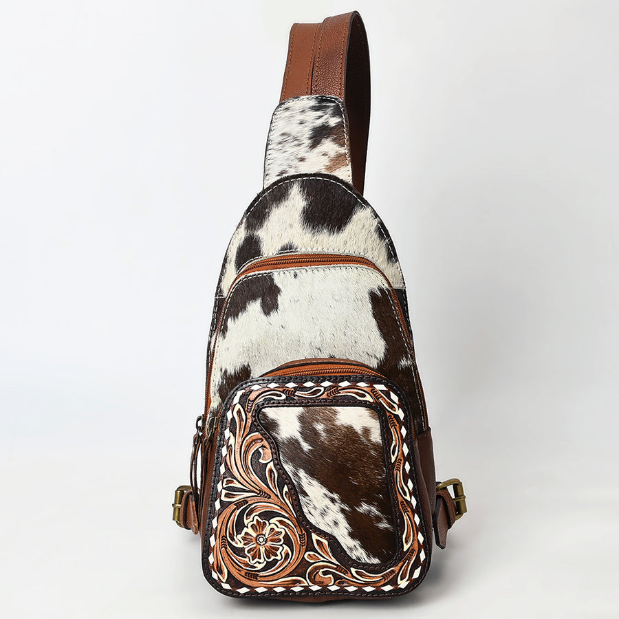 American Darling Sling Bag - Buck Stitched Floral Carved, Hair-On Cowhide, Eco-Friendly Vegetable Tanned Genuine Leather
