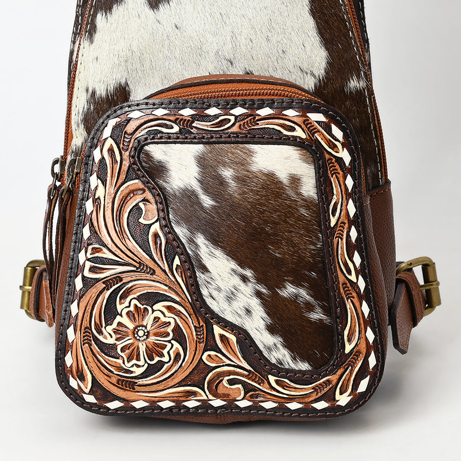 American Darling Sling Bag - Buck Stitched Floral Carved, Hair-On Cowhide, Eco-Friendly Vegetable Tanned Genuine Leather