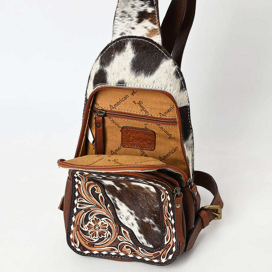 American Darling Sling Bag - Buck Stitched Floral Carved, Hair-On Cowhide, Eco-Friendly Vegetable Tanned Genuine Leather