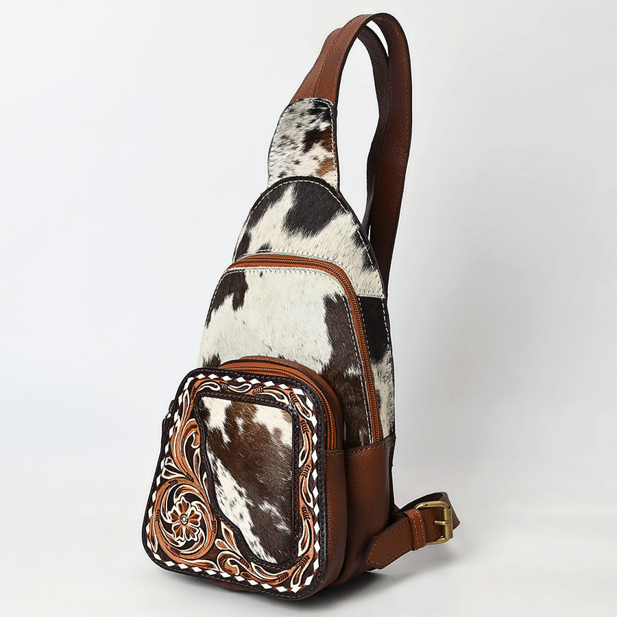 American Darling Buck Stitched Floral Carved Hair-On Leather Sling Bag - Uhorse
