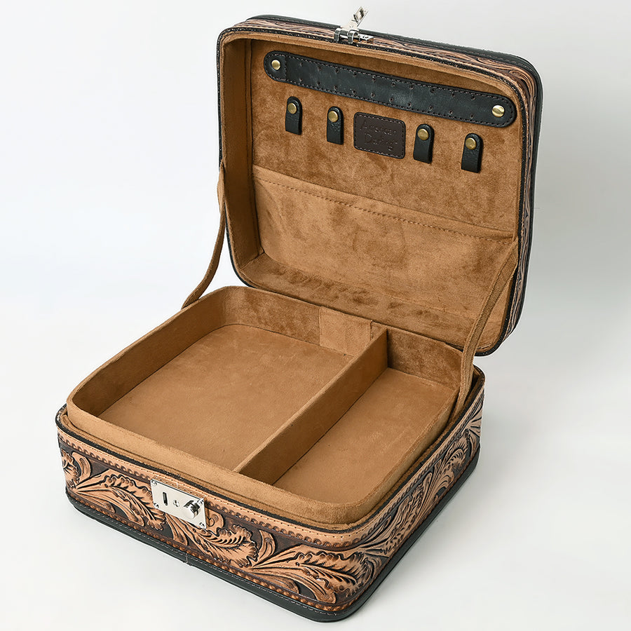 American Darling Jewelry Case - Hand Tooled Floral Carved, Eco-Friendly Vegetable Tanned Genuine Leather, Western Style