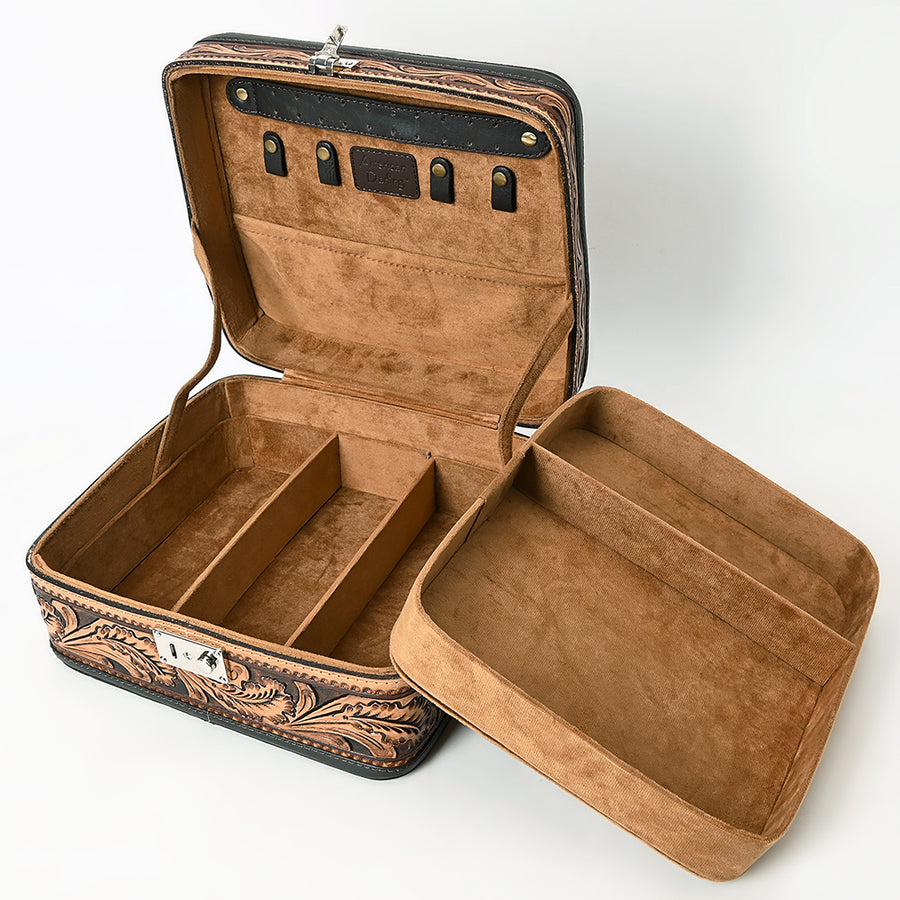 American Darling Jewelry Case - Hand Tooled Floral Carved, Eco-Friendly Vegetable Tanned Genuine Leather, Western Style