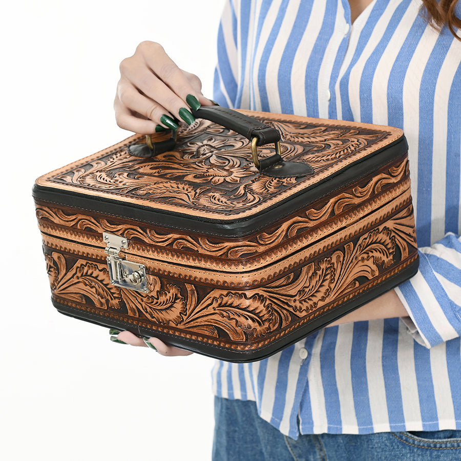 American Darling Jewelry Case - Hand Tooled Floral Carved, Eco-Friendly Vegetable Tanned Genuine Leather, Western Style