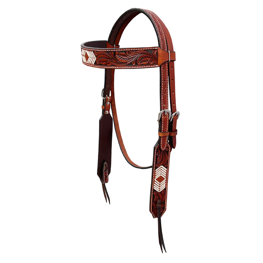 Tooled leather western headstall with white stitching - Bar H Equine