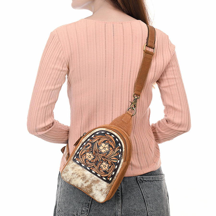 American Darling Sling Bag - Buck Stitched Floral Carved, Hair-On Cowhide, Eco-Friendly Vegetable Tanned Genuine Leather