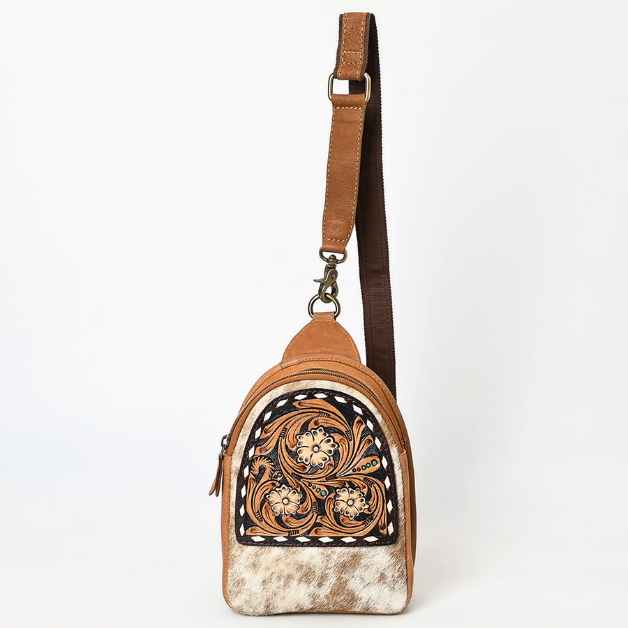American Darling Sling Bag - Buck Stitched Floral Carved, Hair-On Cowhide, Eco-Friendly Vegetable Tanned Genuine Leather
