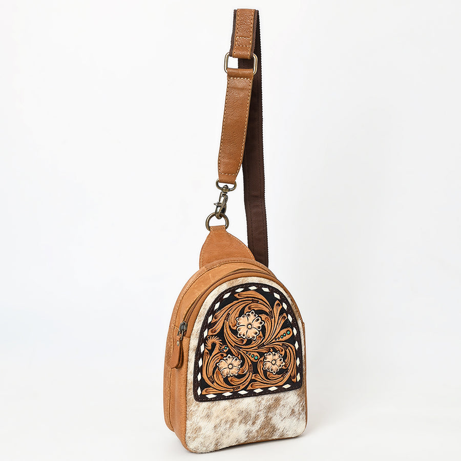 American Darling Sling Bag - Buck Stitched Floral Carved, Hair-On Cowhide, Eco-Friendly Vegetable Tanned Genuine Leather