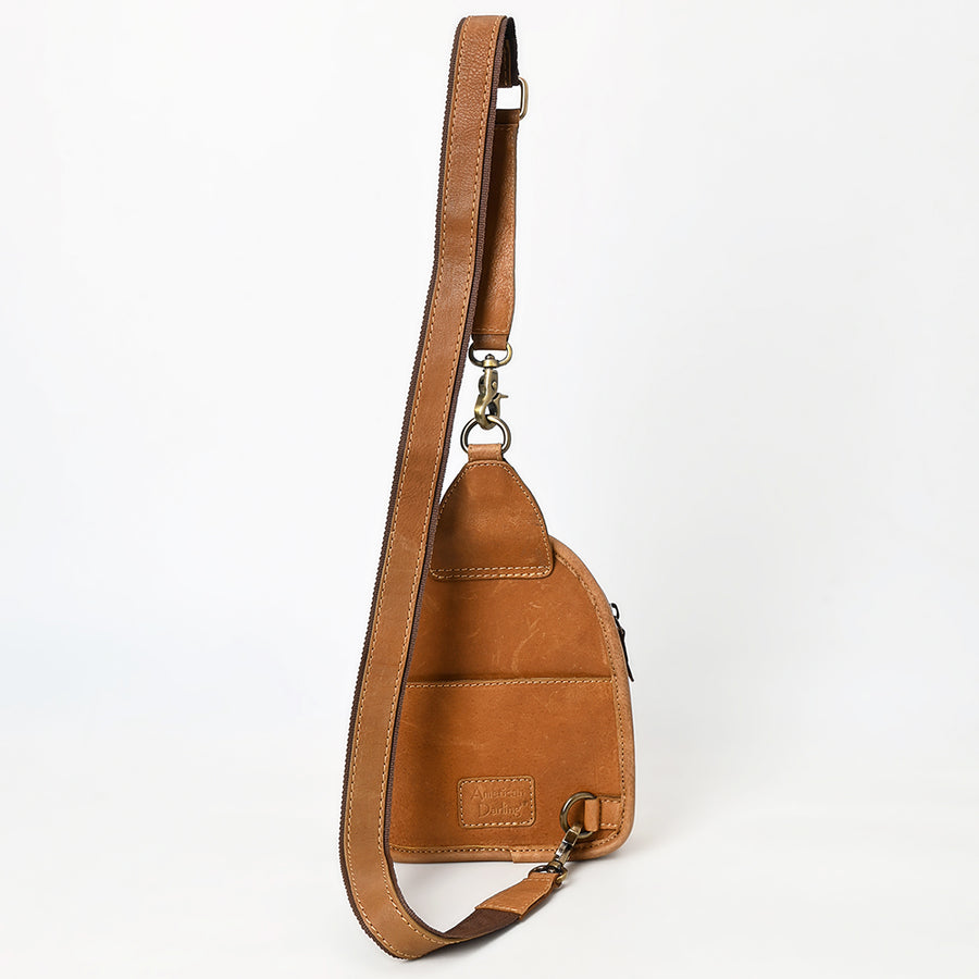 American Darling Sling Bag - Buck Stitched Floral Carved, Hair-On Cowhide, Eco-Friendly Vegetable Tanned Genuine Leather