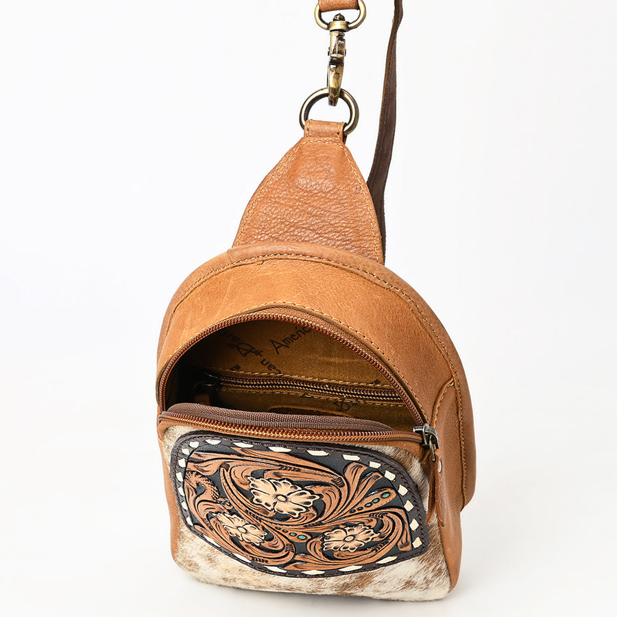 American Darling Sling Bag - Buck Stitched Floral Carved, Hair-On Cowhide, Eco-Friendly Vegetable Tanned Genuine Leather
