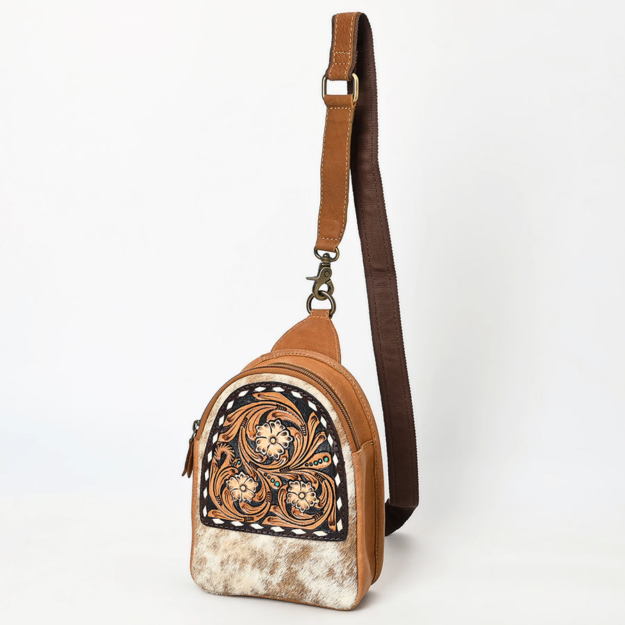 American Darling Buck Stitched Floral Carved Hair-On Leather Sling Bag - Uhorse