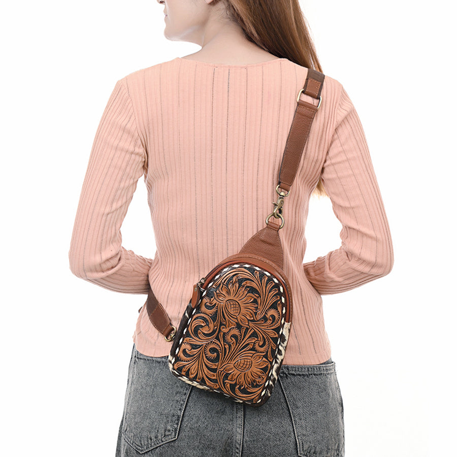 American Darling Sling Bag - Buck Stitched Floral Carved, Hair-On Cowhide, Eco-Friendly Vegetable Tanned Genuine Leather