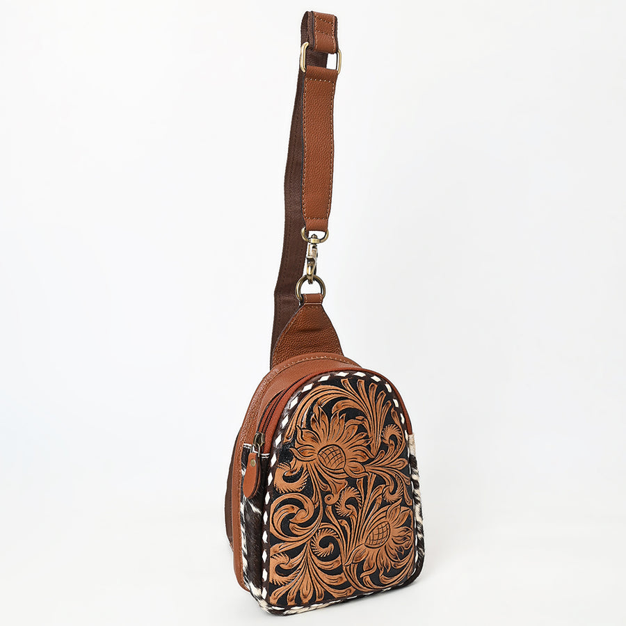 American Darling Sling Bag - Buck Stitched Floral Carved, Hair-On Cowhide, Eco-Friendly Vegetable Tanned Genuine Leather