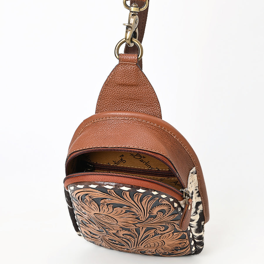 American Darling Sling Bag - Buck Stitched Floral Carved, Hair-On Cowhide, Eco-Friendly Vegetable Tanned Genuine Leather