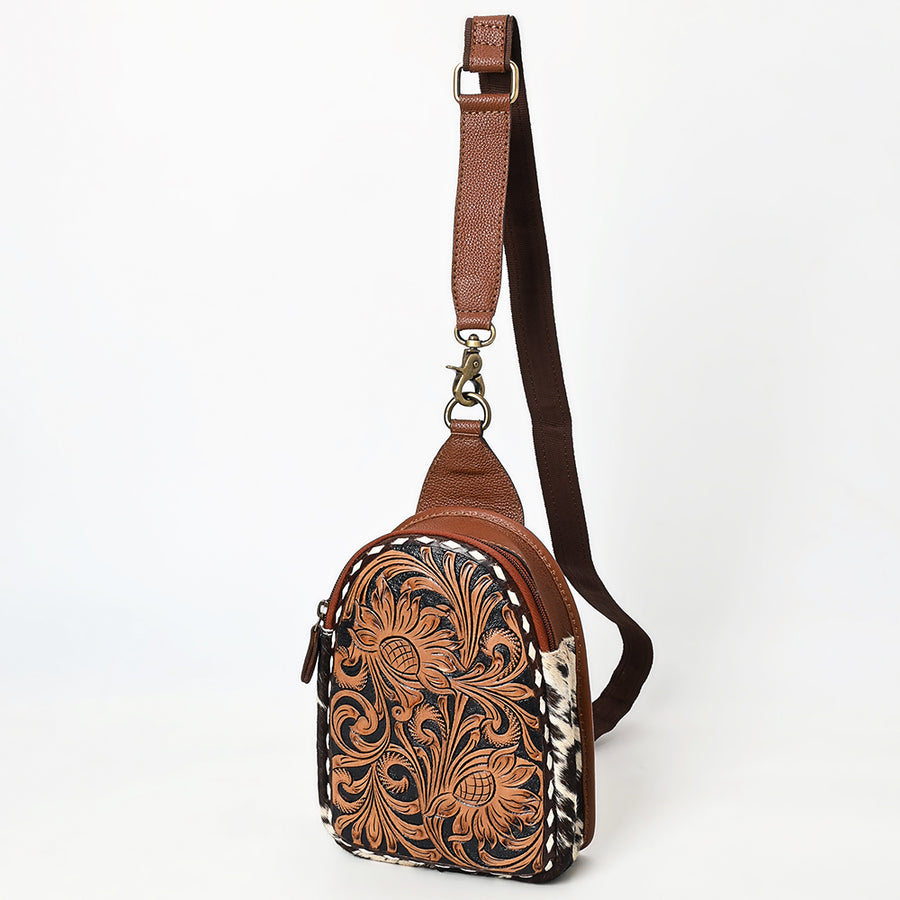 American Darling Buck Stitched Floral Carved Hair-On Leather Sling Bag - Uhorse