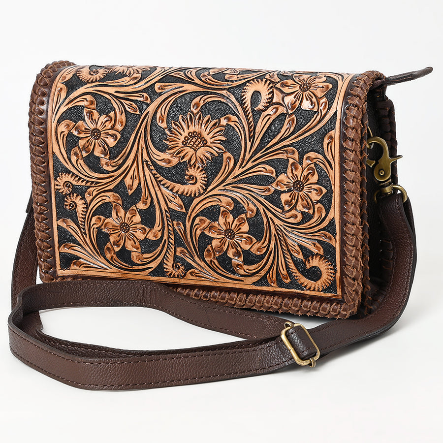 American Darling Hand Tooled Floral Carved Genuine Leather Small Cross body Bag - Uhorse