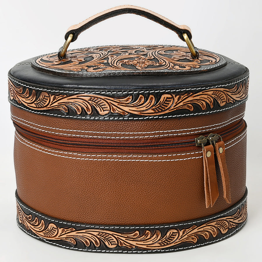 American Darling Hand Tooled Floral Carved Vegetable-Tanned Full Grain Genuine Leather Jewelry Case with YKK Zipper