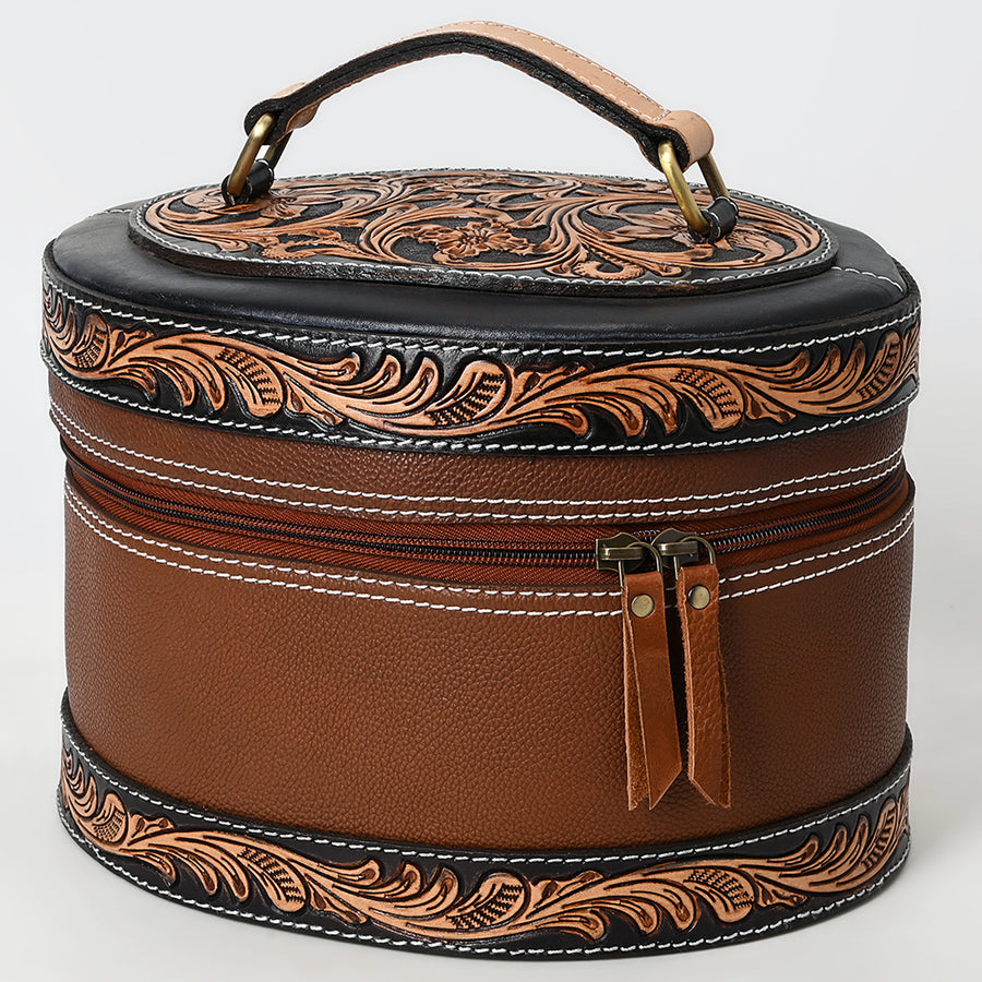 American Darling Hand Tooled Floral Carved Vegetable-Tanned Full Grain Genuine Leather Jewelry Case with YKK Zipper