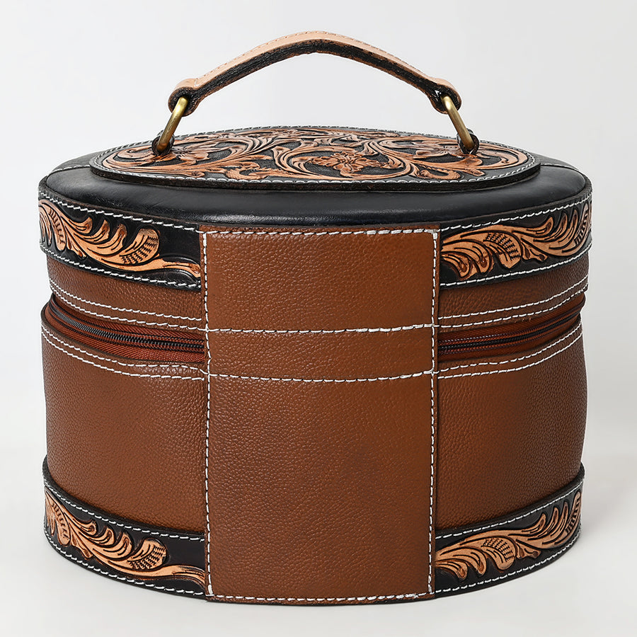 American Darling Hand Tooled Floral Carved Vegetable-Tanned Full Grain Genuine Leather Jewelry Case with YKK Zipper
