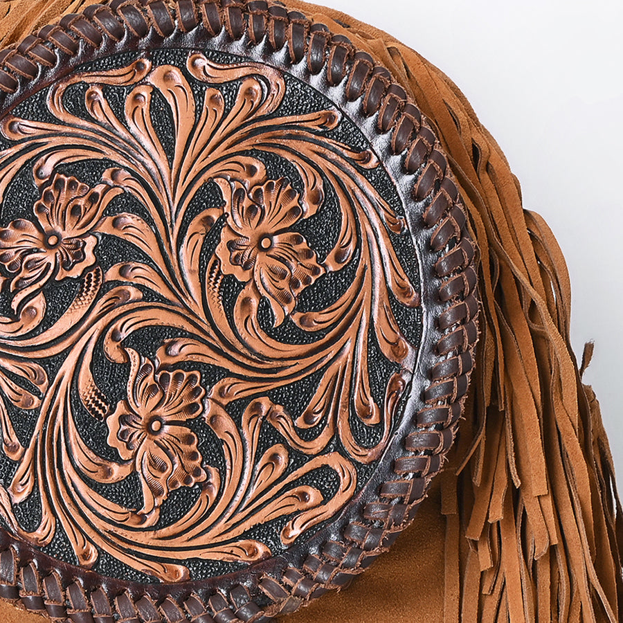 American Darling Hand Tooled Floral Carved Vegetable-Tanned Genuine Leather Backpack with Fringes and YKK Zipper