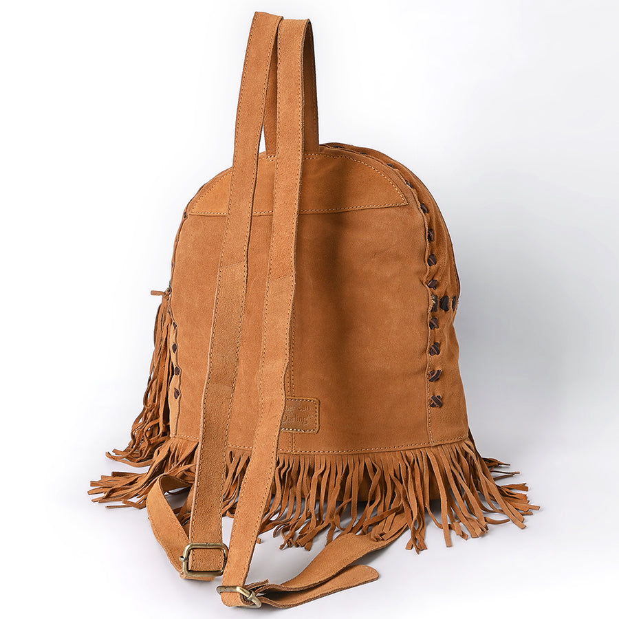 American Darling Hand Tooled Floral Carved Vegetable-Tanned Genuine Leather Backpack with Fringes and YKK Zipper