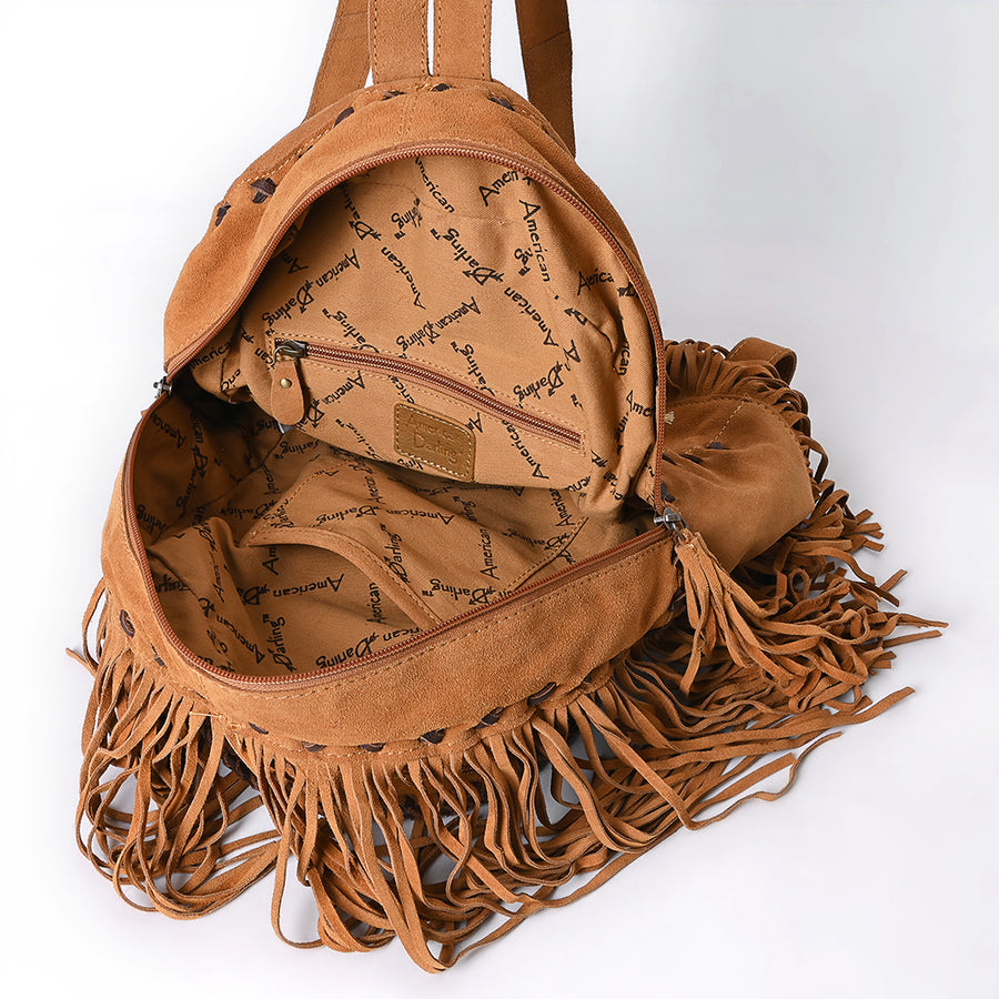 American Darling Hand Tooled Floral Carved Vegetable-Tanned Genuine Leather Backpack with Fringes and YKK Zipper