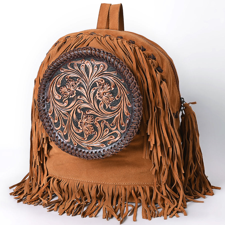 American Darling Hand Tooled Floral Carved Genuine Leather Fringe Backpack - Uhorse