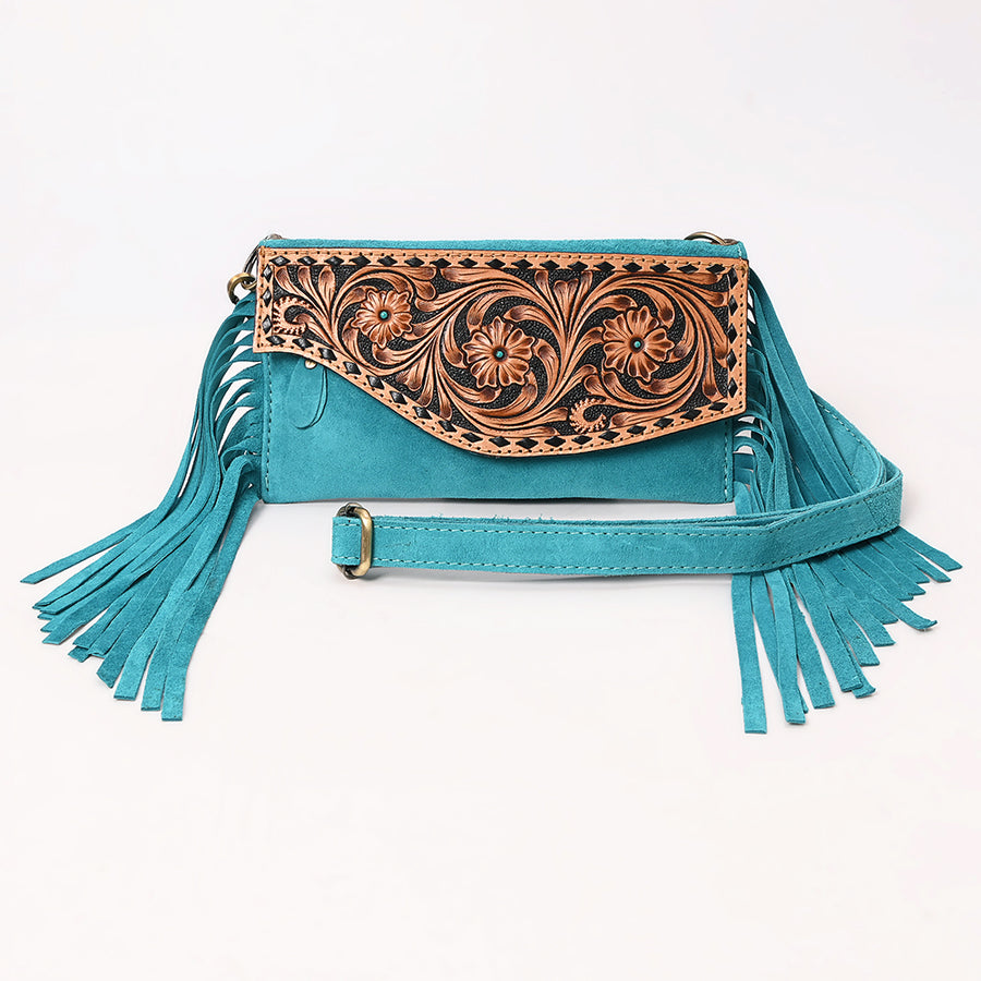 American Darling Hand Tooled Floral Carved Vegetable-Tanned Genuine Leather Small Cross body Bag with Fringes & YKK Zipper