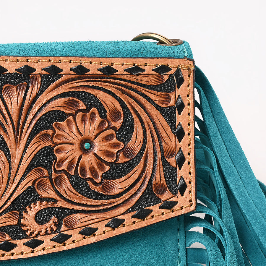 American Darling Hand Tooled Floral Carved Vegetable-Tanned Genuine Leather Small Cross body Bag with Fringes & YKK Zipper