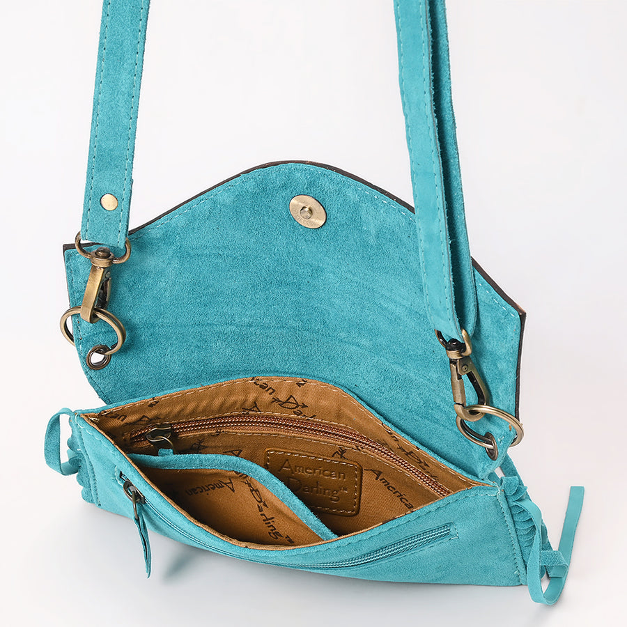 American Darling Hand Tooled Floral Carved Vegetable-Tanned Genuine Leather Small Cross body Bag with Fringes & YKK Zipper