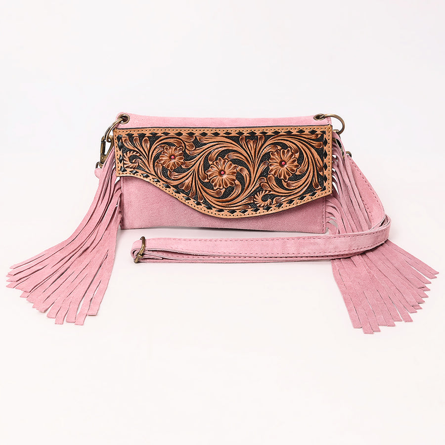 American Darling Hand Tooled Floral Carved Vegetable-Tanned Genuine Leather Small Cross body Bag with Fringes & YKK Zipper