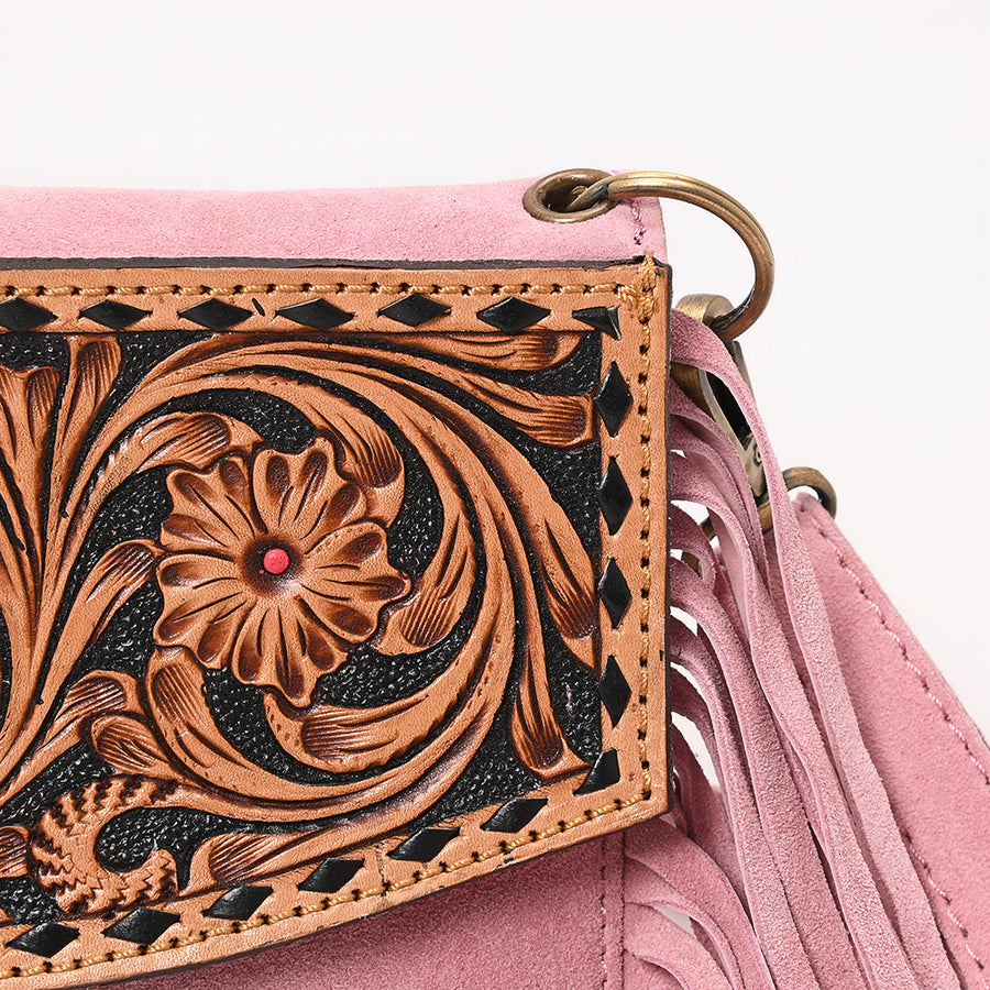 American Darling Hand Tooled Floral Carved Vegetable-Tanned Genuine Leather Small Cross body Bag with Fringes & YKK Zipper