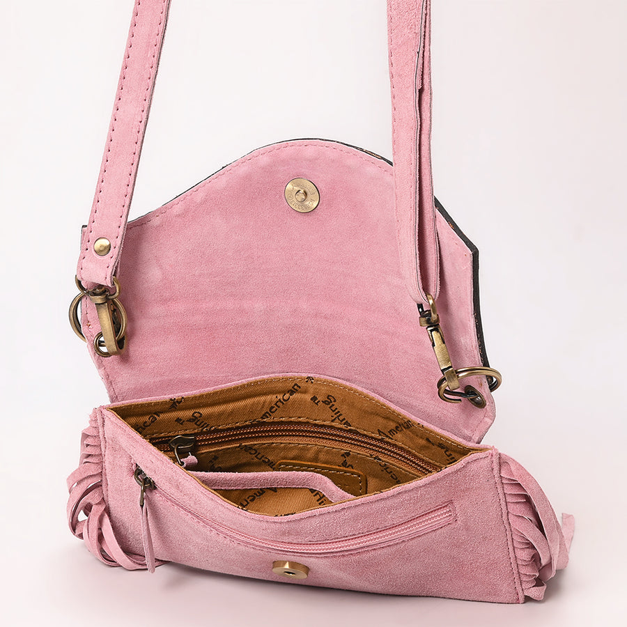 American Darling Hand Tooled Floral Carved Vegetable-Tanned Genuine Leather Small Cross body Bag with Fringes & YKK Zipper