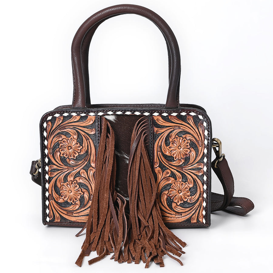 American Darling Hand Tooled Floral Carved Vegetable-Tanned Genuine Leather Tote Bag with Hair-On Cowhide, Fringes & YKK Zipper