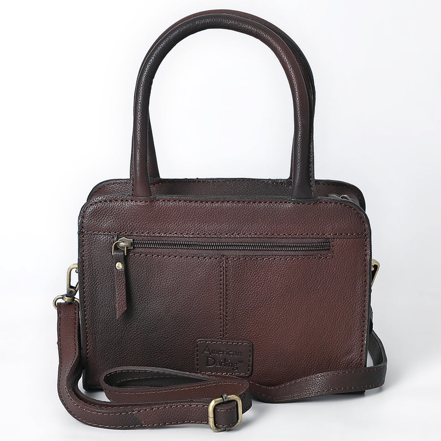 American Darling Hand Tooled Floral Carved Vegetable-Tanned Genuine Leather Tote Bag with Hair-On Cowhide, Fringes & YKK Zipper