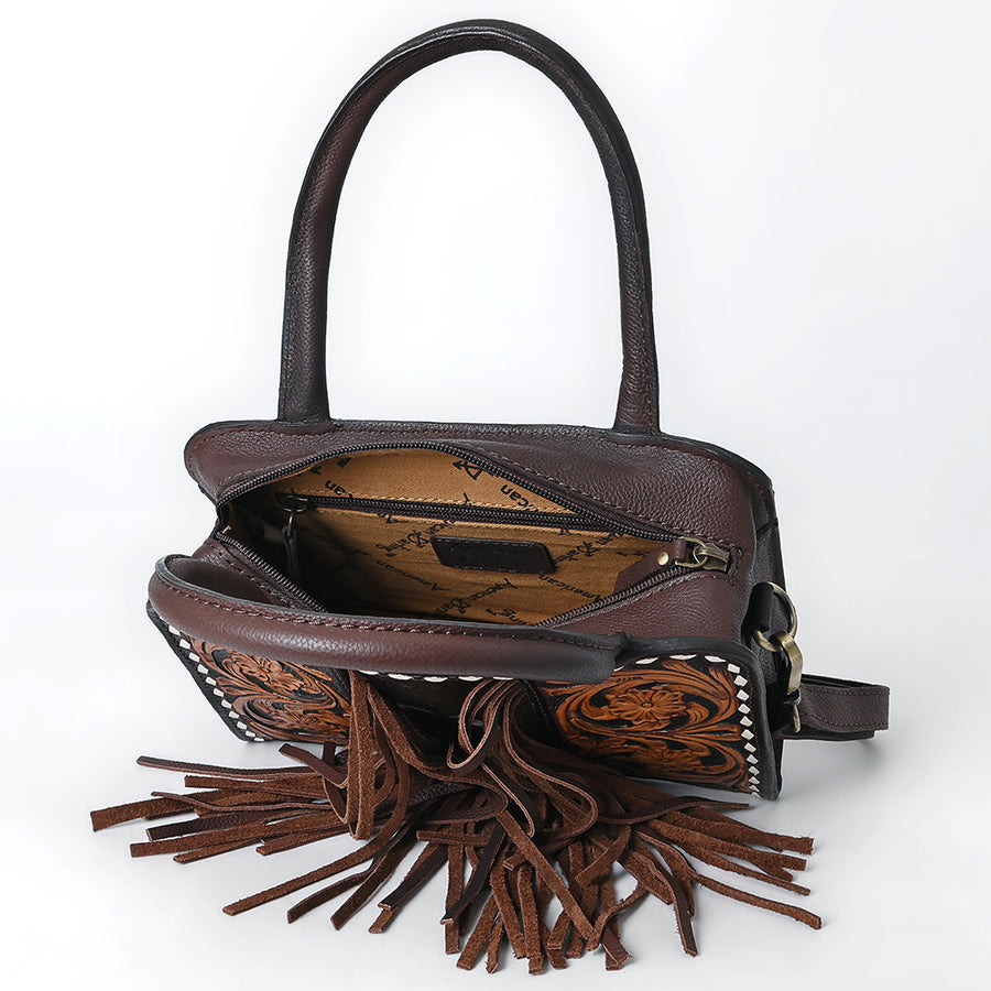 American Darling Hand Tooled Floral Carved Vegetable-Tanned Genuine Leather Tote Bag with Hair-On Cowhide, Fringes & YKK Zipper