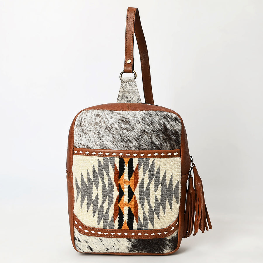 American Darling Hand Woven Saddle Blanket & Hair-On Cowhide Vegetable-Tanned Genuine Leather Sling Bag with YKK Zipper