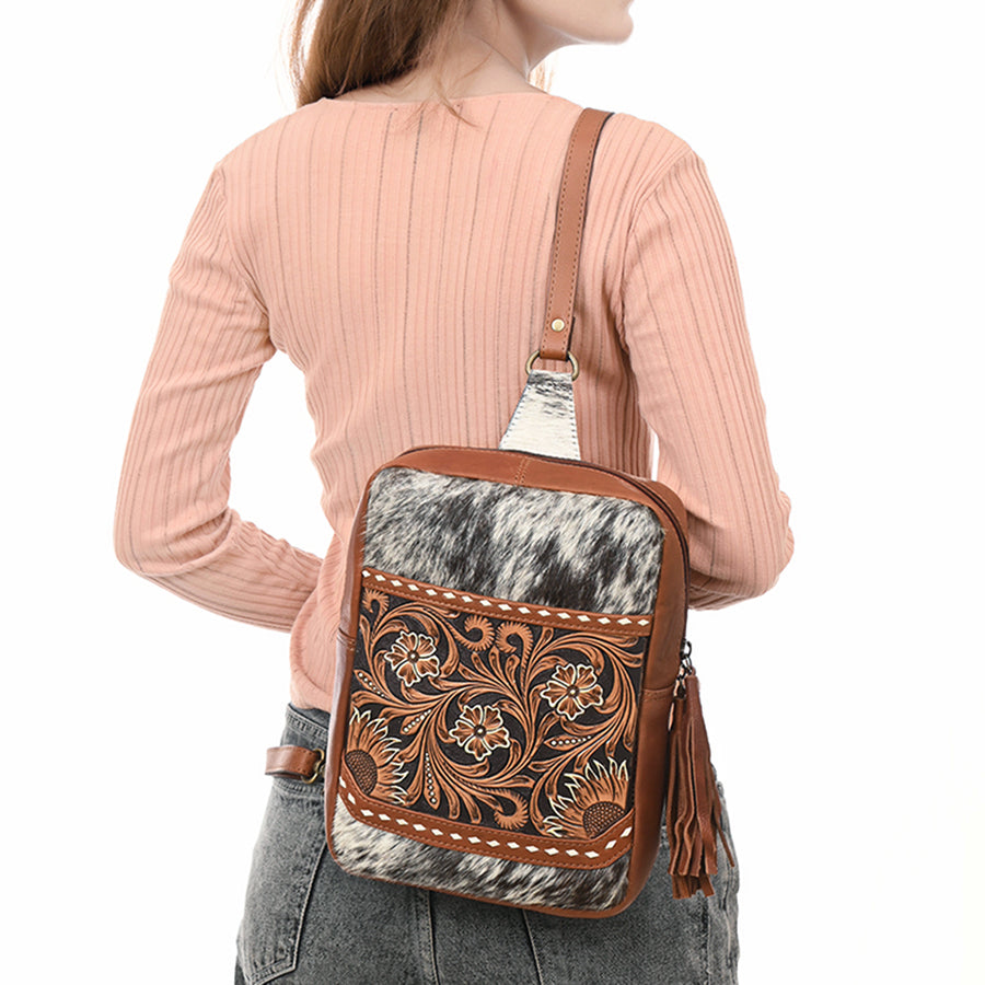American Darling Hand Tooled Floral Carved Vegetable-Tanned Genuine Leather Sling Bag with Hair-On Cowhide & YKK Zipper