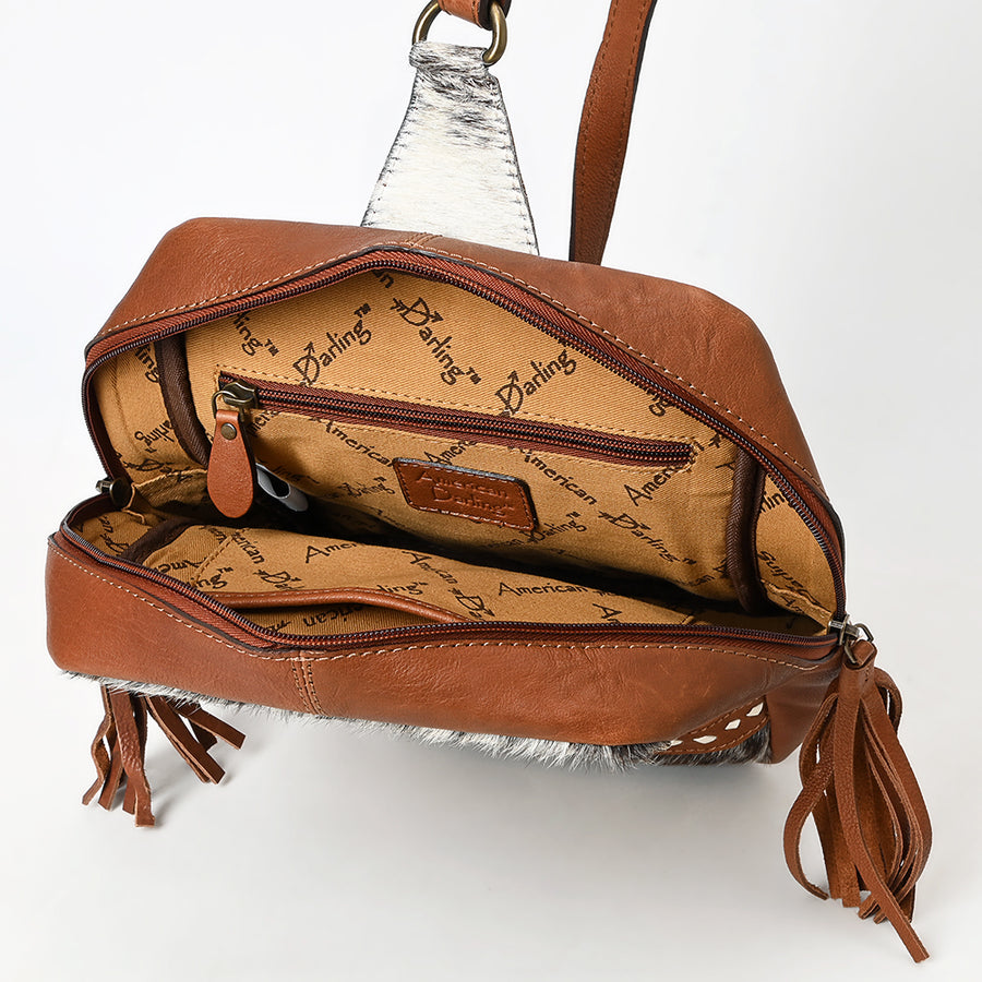 American Darling Hand Tooled Floral Carved Vegetable-Tanned Genuine Leather Sling Bag with Hair-On Cowhide & YKK Zipper
