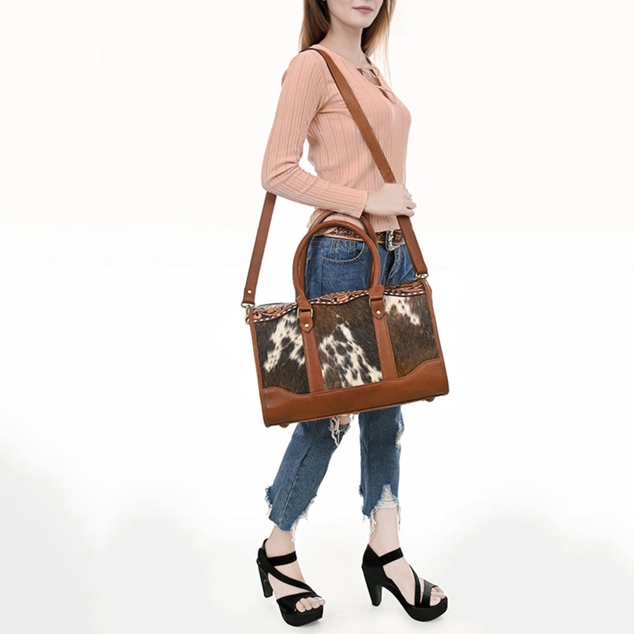 American Darling Hand Tooled Floral Carved Vegetable-Tanned Genuine Leather Speedy Bag with Hair-On Cowhide & YKK Zipper