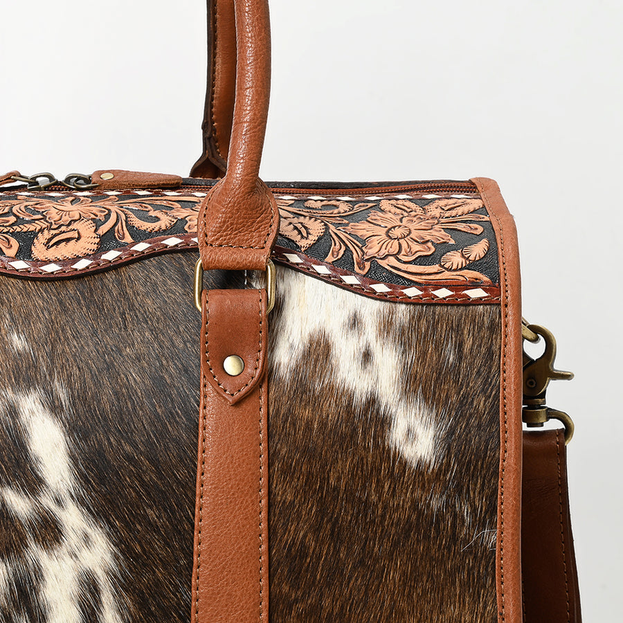 American Darling Hand Tooled Floral Carved Vegetable-Tanned Genuine Leather Speedy Bag with Hair-On Cowhide & YKK Zipper