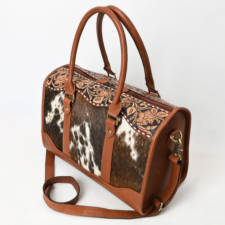 American Darling Hand Tooled Floral Carved Vegetable-Tanned Genuine Leather Speedy Bag with Hair-On Cowhide & YKK Zipper
