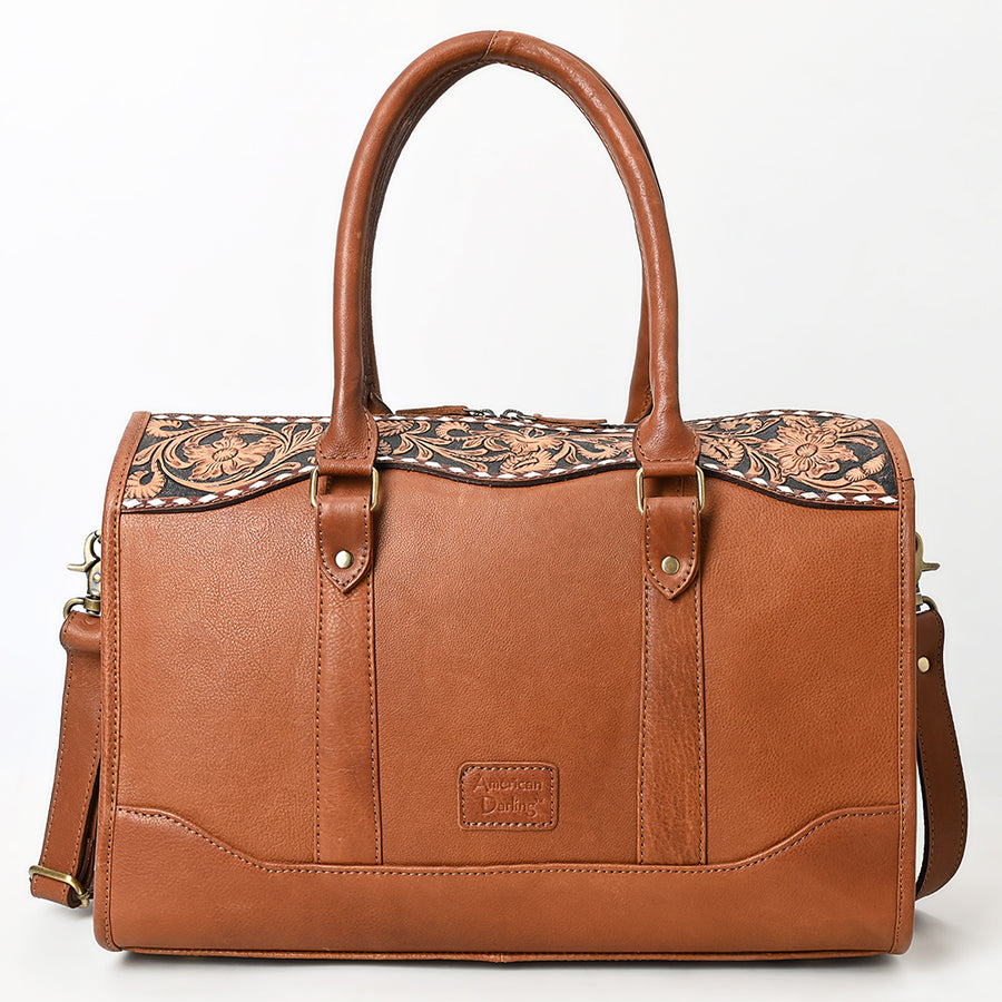 American Darling Hand Tooled Floral Carved Vegetable-Tanned Genuine Leather Speedy Bag with Hair-On Cowhide & YKK Zipper
