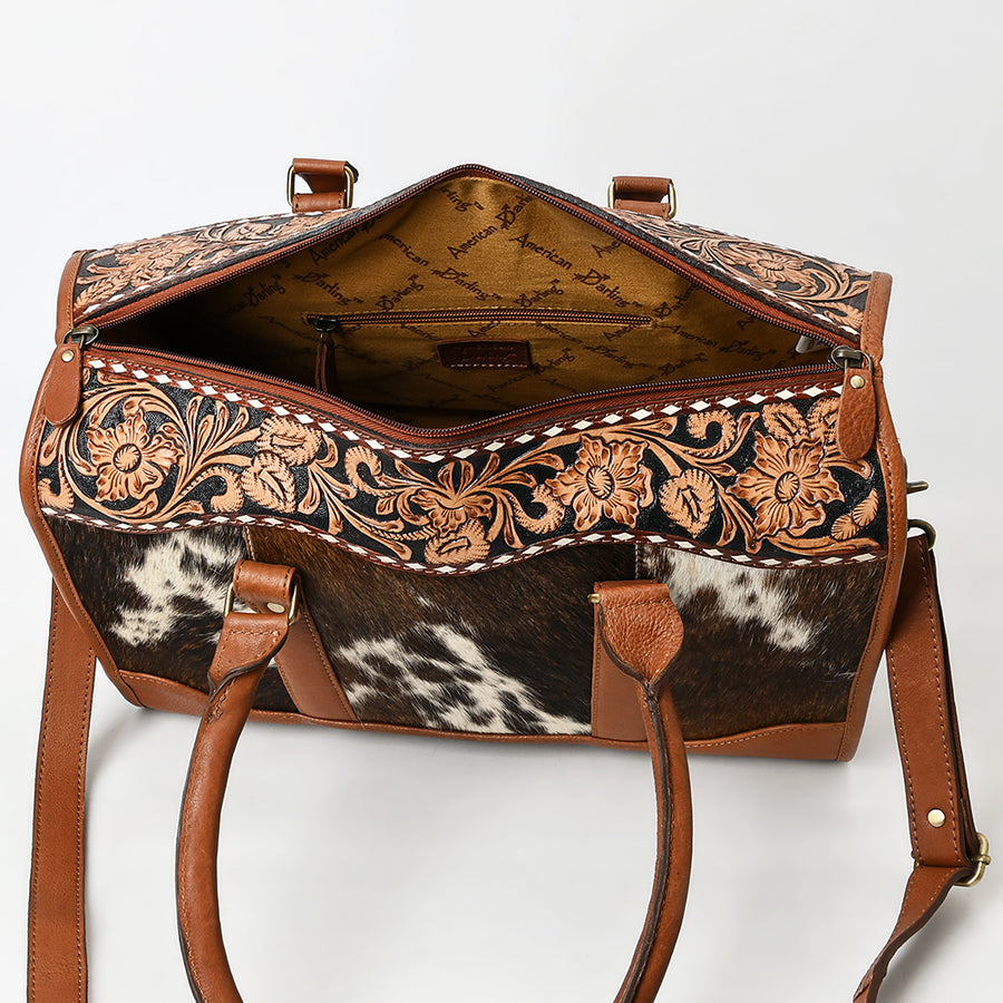 American Darling Hand Tooled Floral Carved Vegetable-Tanned Genuine Leather Speedy Bag with Hair-On Cowhide & YKK Zipper