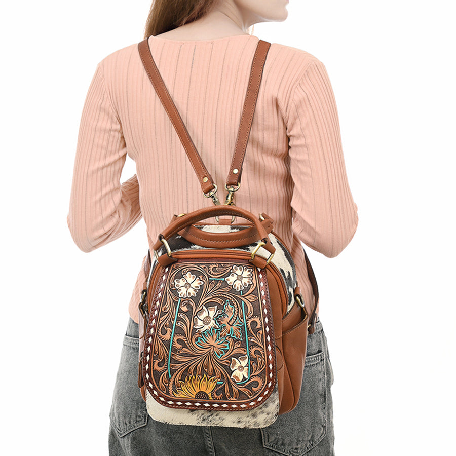 American Darling Hand Tooled Floral Carved Vegetable-Tanned Genuine Leather Backpack with Hair-On Cowhide & YKK Zipper