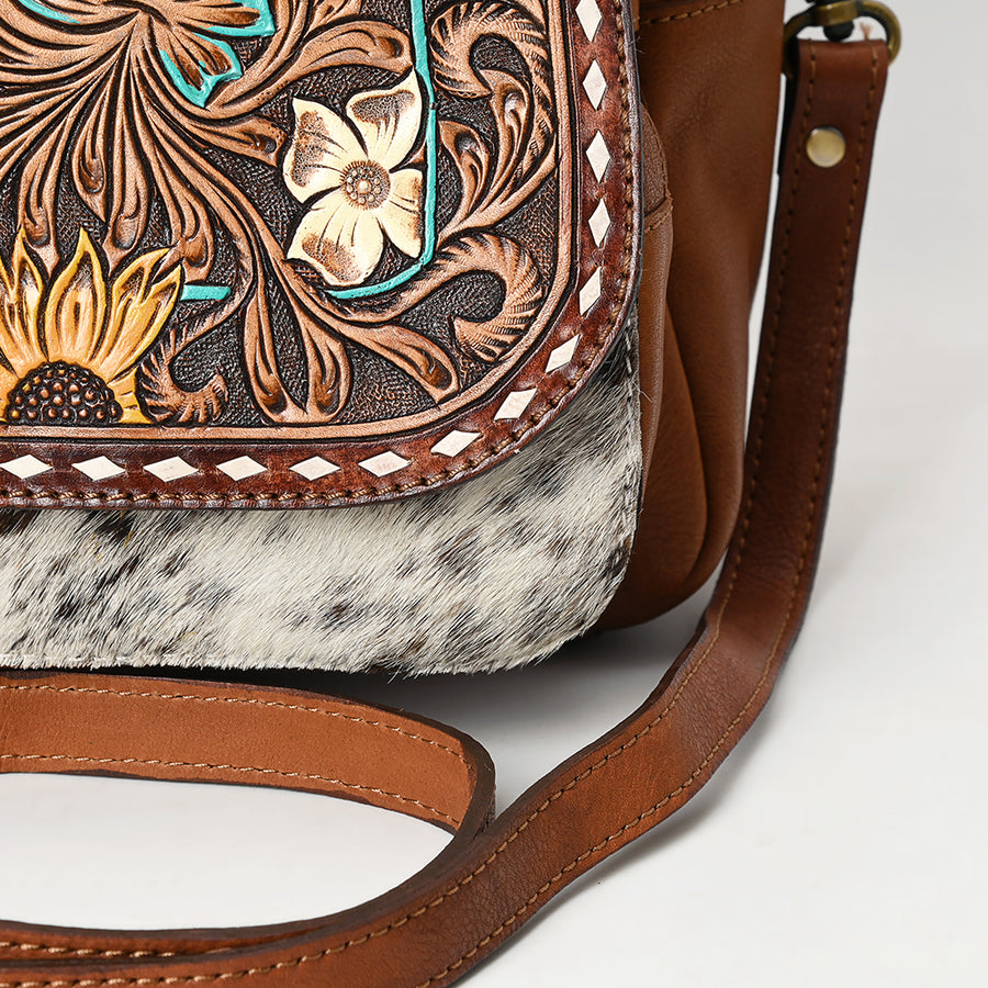 American Darling Hand Tooled Floral Carved Vegetable-Tanned Genuine Leather Backpack with Hair-On Cowhide & YKK Zipper