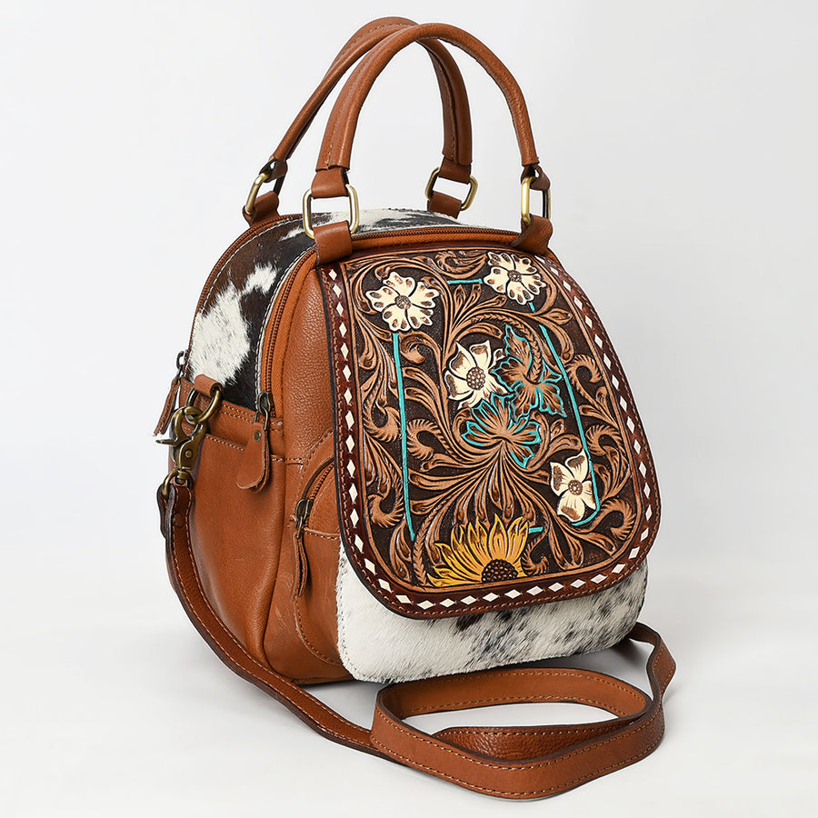 American Darling Hand Tooled Floral Carved Vegetable-Tanned Genuine Leather Backpack with Hair-On Cowhide & YKK Zipper