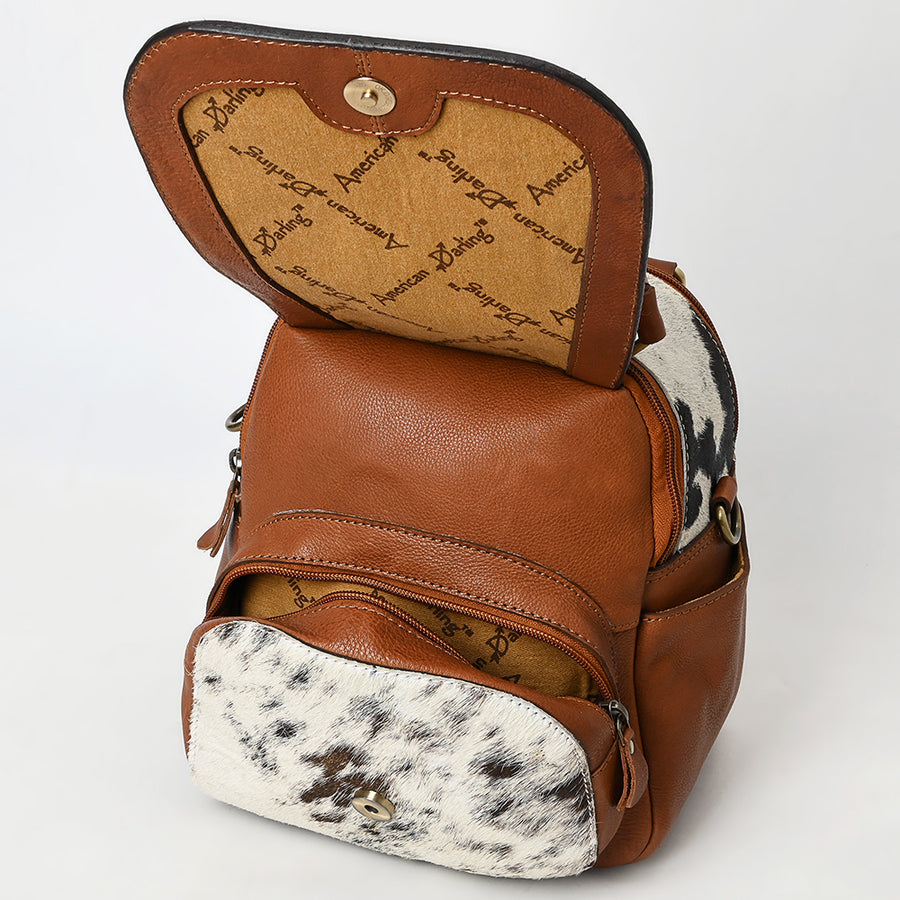 American Darling Hand Tooled Floral Carved Vegetable-Tanned Genuine Leather Backpack with Hair-On Cowhide & YKK Zipper