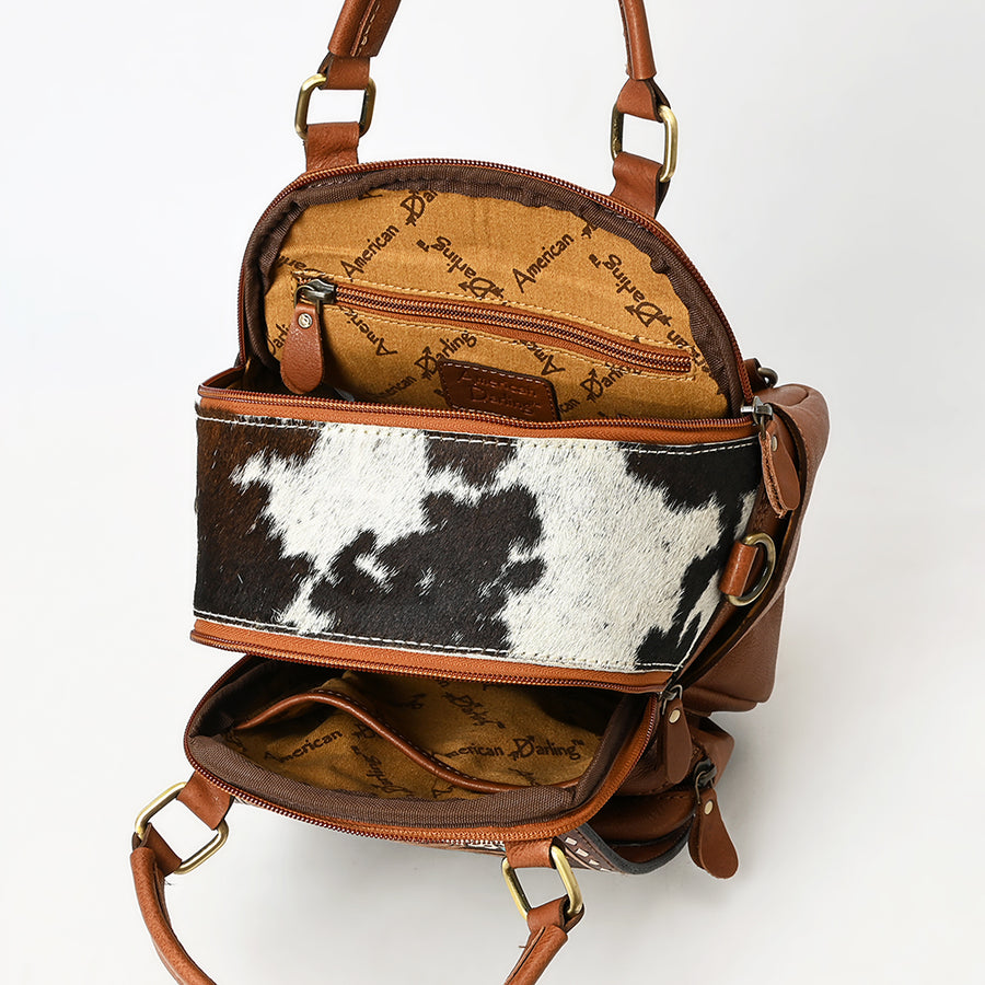 American Darling Hand Tooled Floral Carved Vegetable-Tanned Genuine Leather Backpack with Hair-On Cowhide & YKK Zipper