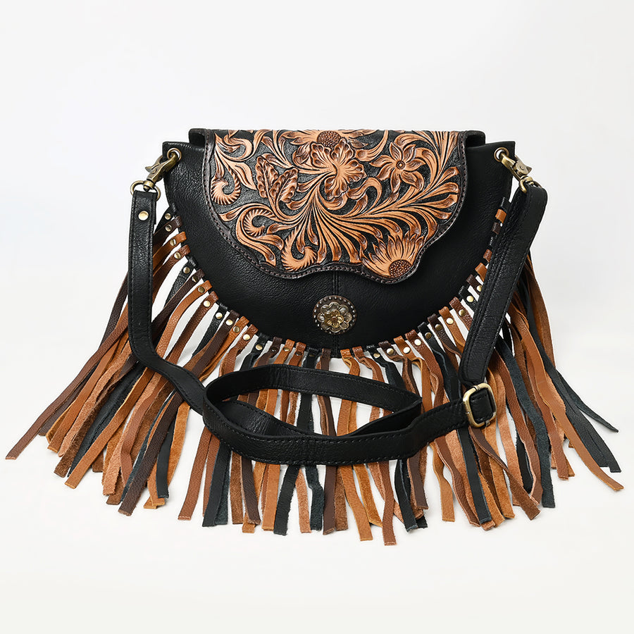 American Darling Western Leather Small Cross body Bag - Eco-Friendly Full Grain Leather Hand Tooled Floral Purse With Fringes